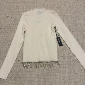 NWT Alice Blue White Ribbed Rhinestone Fringe Mock Nock